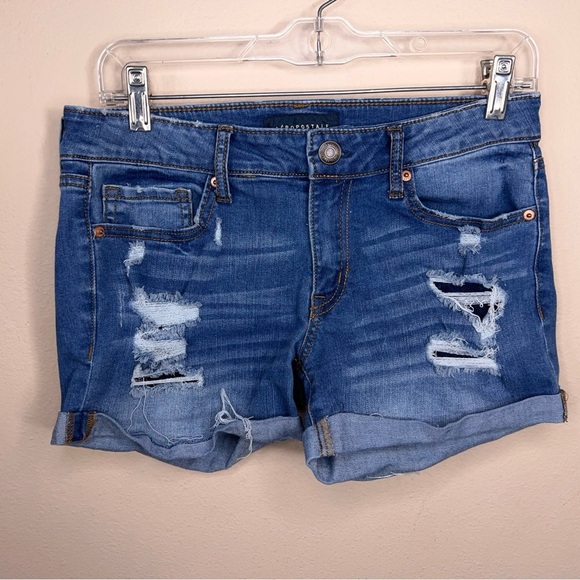 Size 6 Aeropostale Blue Distressed Denim Shorts Cuffed Stretch Western - Picture 9 of 11